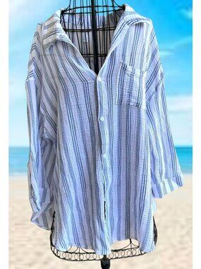 Kona Sol Swimsuit Cover Up Large Blue White Striped Shirt Cruise Beach Vacation